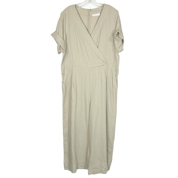 Everlane Womens Size 6 Flax Linen Blend Short Sleeve Jumpsuit Cropped Khaki‎ - Picture 4 of 14